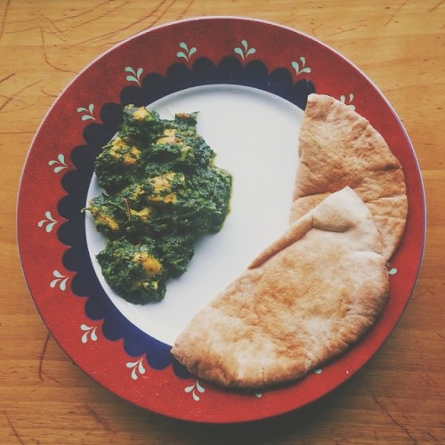 South-Asian style chicken &amp; spinach stew with whole wheat pita bread.