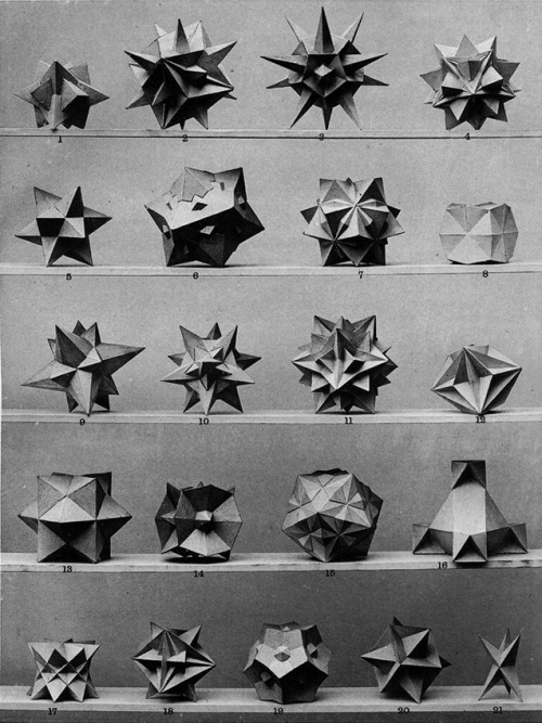 homo-online:  Max Brückner, from his book Vielecke und Vielfläche, 1900. Leipzig, Germany. Via Bulatov. Brückner extended the stellation theory beyond regular forms, and identified ten stellations of the icosahedron, including the complete stellation.