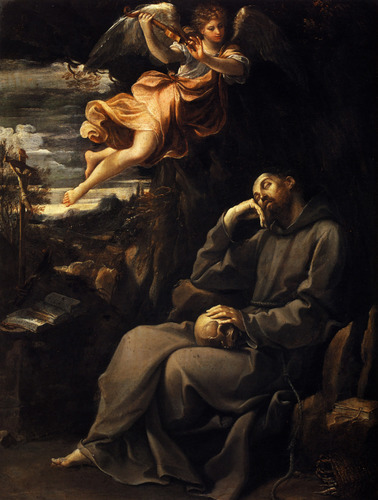 guido-reni: Saint Francis deadened with an angel musician, 1607, Guido ReniMedium: oil,canvas