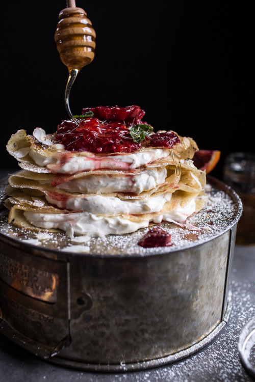 sweetoothgirl: Coconut Honey Crepes with Whipped Mascarpone + Blood Orange Compote.