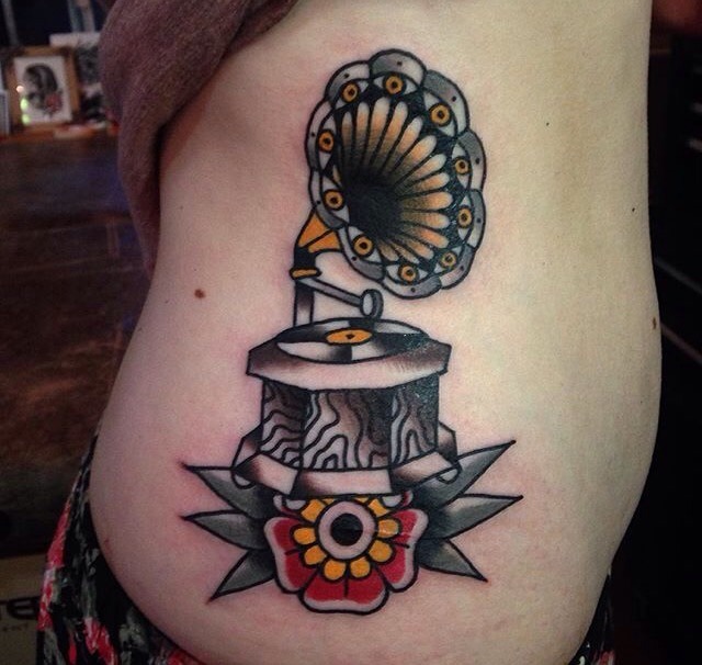 Gramophone done by mors tattoo at MTL tattoo in montreal canada, in love:)