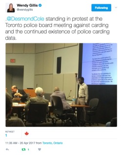 allthecanadianpolitics:  I have so much respect for Desmond Cole. *Carding = aka as street checks in Ontario. Police stop people not accused of any crime and demand information on them. Carding disproportionally targets black people and other people of