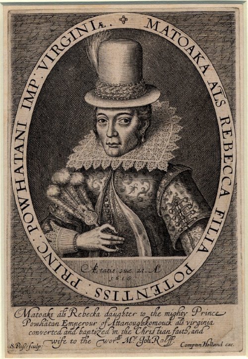 Portrait of Pocahontas on her visit ot England; 1616 engraving by Simon van de Passe and portraits b