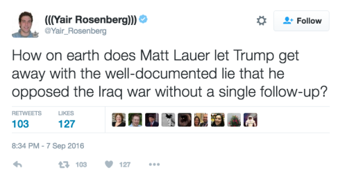 mediamattersforamerica:Last night, Matt Lauer let Trump get away with his favorite outright lie. He’