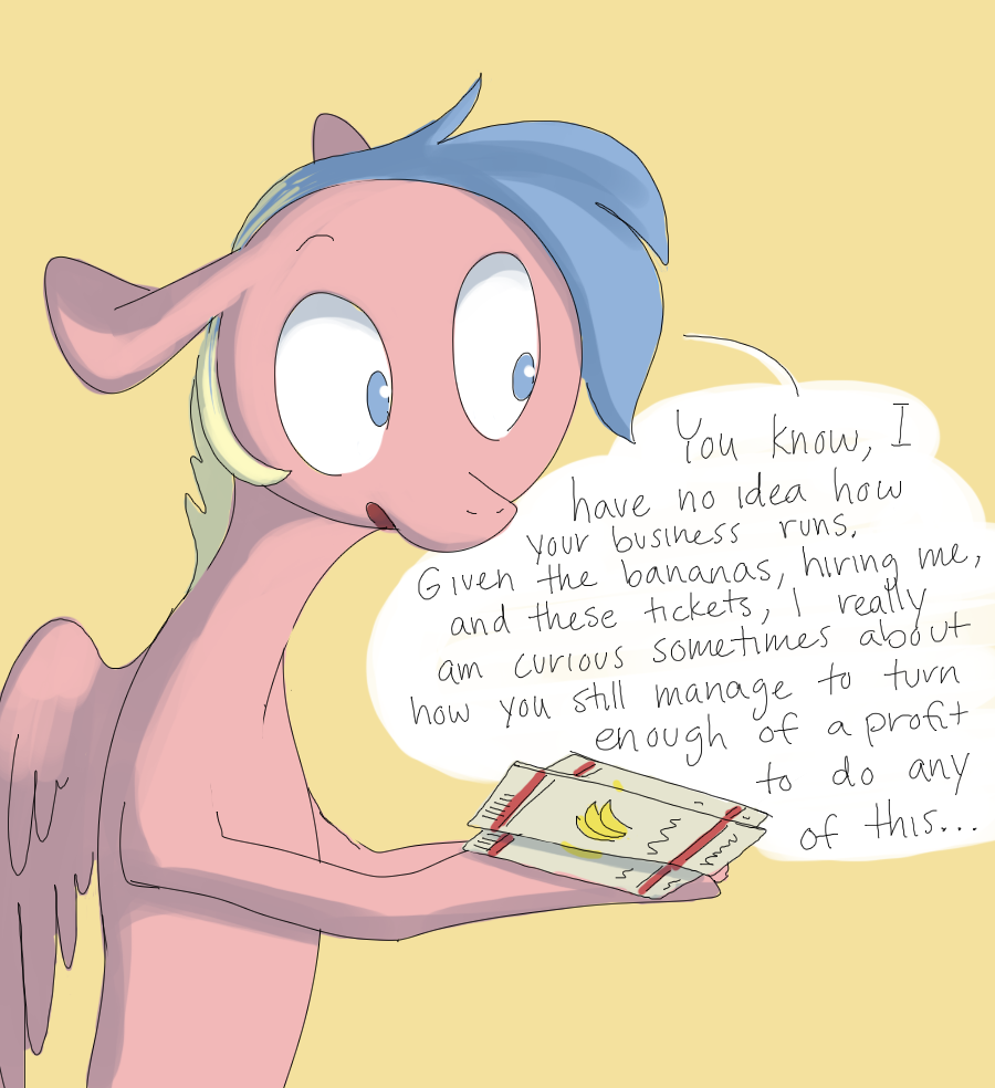 ponybalderdashery:supercooldrawblog:banana pie works in mysterious ways  He doesn’tI’m
