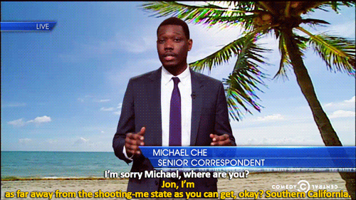 sandandglass:Daily Show correspondent Michael Che tries to find a safe place to report from.