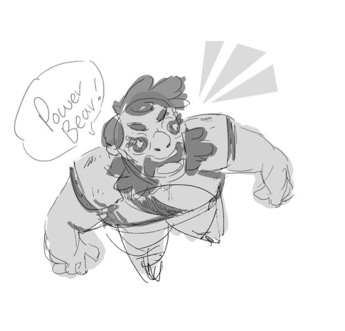 bummbleydoodley: Maggie meets the Power Bear [ID: three drawings, beginning with a doodle of Magnus 