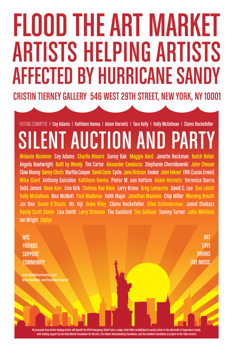 Support tomorrow! Artwork to help Sandy relief for artists w/ artwork by Mr. Kiji, Greg Lamarche, Chris Cycle, Mike Giant, Todd James, Zephyr, and more! 546 West 29th St. from 5-10pm Monday Jan. 28th 2013