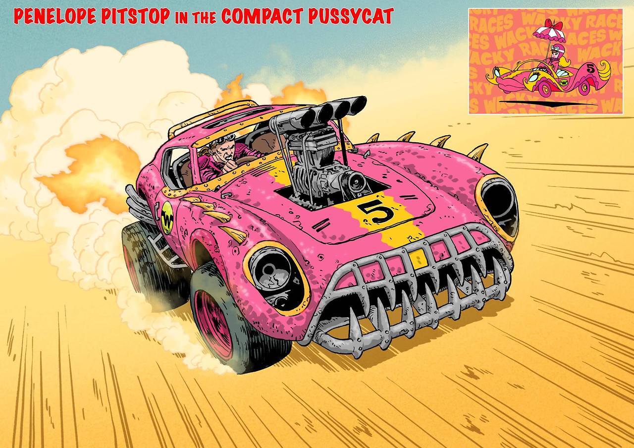 pop-sesivo: Los autos locos en el estilo de Mad Max: Fury Road. Arte: Mark Sexton