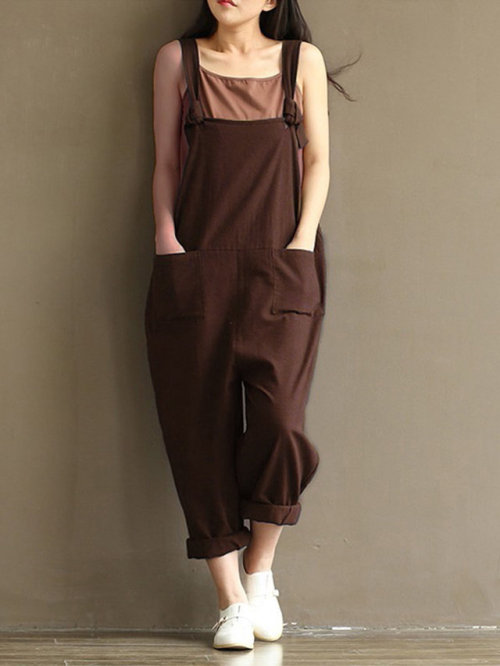 lookforasimpledream:O-NEWE Casual Strap Pockets Jumpsuit O-NEWE Casual  Loose Solid Strap Pocket Ove