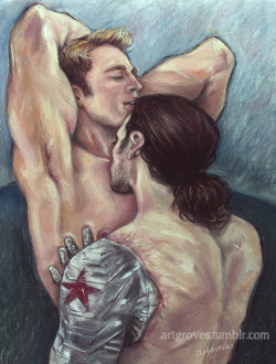 artgroves:  Buck leans into the kiss, puts a hand on Steve’s hip and nips at his lower lip. Steve pulls back a little. “Where do you want my hands?” Aaaaw YEAH get it Bucky for Ain’t No Grave (Can Keep My Body Down) by the superlovely @spitandvinegar …and