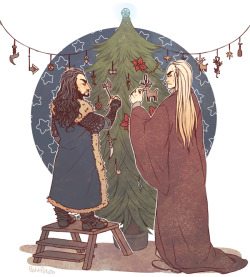 leupagus:  petitpotato:  Hobbit Advent - Day 17: Decorations A compromise isn’t going to happen here…  Holidays with the inlaws are super awkward, which is why Tauriel and Kili peace out to the Shire every winter. 