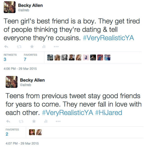 lielabell:beckytext:I had a bit of fun in the #VeryRealisticYA hashtag. Guess how many of these are 