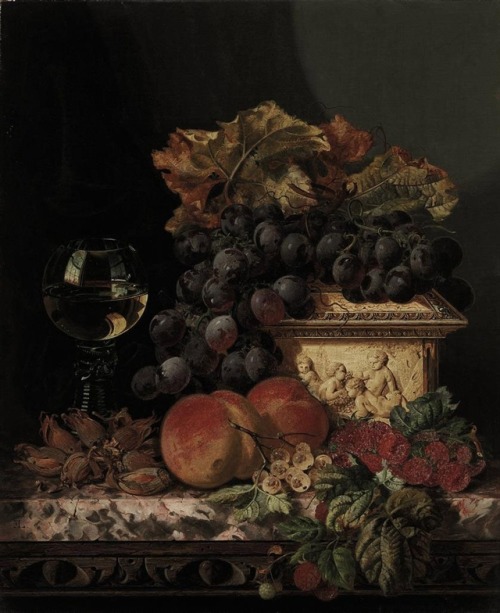 laclefdescoeurs:Grapes, peaches, raspberries, cob nuts, with a casket and a roemer on a marble ledge