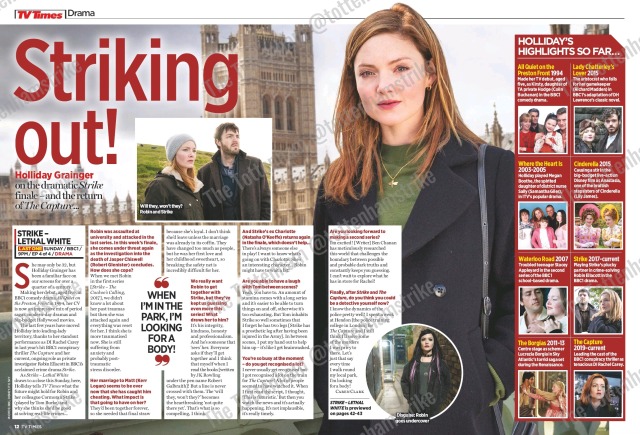 Holliday Grainger talks to TV Times on the Strike finale In this week’s edition (12th-18th September). Credit: TV Times / The...