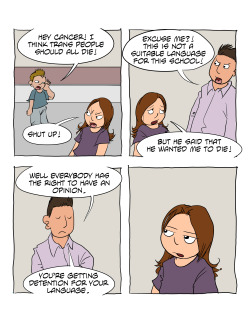 assignedmale:  Trans lives are “opinions”, but fighting back against bigotry is intolerance.  Yes, this is an analogy of Facebook’s community standards. 