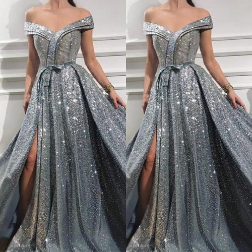 Off-the-shoulder Sequins Slit Long Prom Dress. #promdresses #promdress #prom #eveninggowns #formaldr