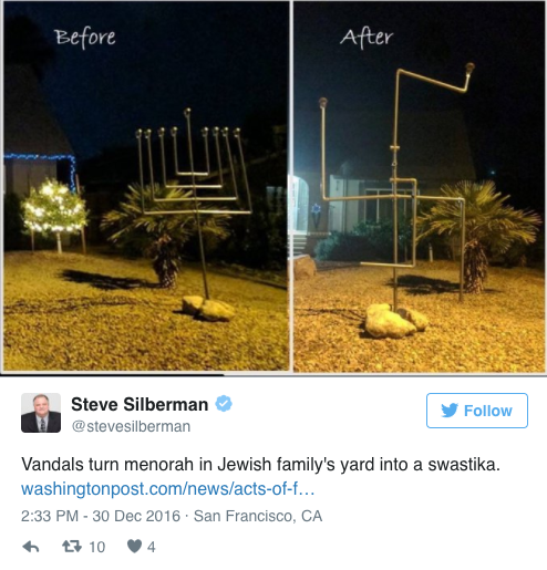 loon-whisperer: micdotcom:  Someone twisted this Jewish family’s menorah into the