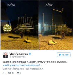 loon-whisperer: micdotcom:  Someone twisted this Jewish family’s menorah into the shape of a swastika Naomi Ellis and her her husband Seth spent Friday morning — the morning after the sixth night of Hanukkah — trying to explain to their three young