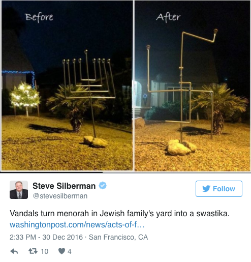 cheese-greater-official:anything-yzabela21:

askasexual:

loon-whisperer:

micdotcom:

Someone twisted this Jewish family’s menorah into the shape of a swastika
Naomi Ellis and her her husband Seth spent Friday morning — the morning after the sixth night of Hanukkah — trying to explain to their three young sons why someone had vandalized the menorah the family had put out on their yard by twisting the metal pieces into the shape of a swastika.

The Ellis family had only built the 7-foot-tall menorah on the front lawn of their home in Chandler, Arizona, because their sons, ages 5, 7 and 9, had asked their parents if the family could decorate their home like the neighbors did for Christmas, the Washington Post reported. Read more.


The Ellis family had only built the 7-foot-tall menorah… because their sons, ages 5, 7 and 9, had asked their parents if the family could decorate their home like the neighbors did for Christmas.This is America in the 21st century.  Please reblog, even if you’re not Jewish.  Especially if you’re not Jewish.  Spread awareness and let your Jewish followers know that we’re not alone.

What the fuck what the fuck what the fuck. Baseball bat to a nqzi’s Kneecaps. Seriously, don’t debate them just punch them 

This is sad on so many levels. 💗💗💗💗💗💗💗💗@cool-catholic 💗💗💗💗


Jesus fuck I’m horrified 