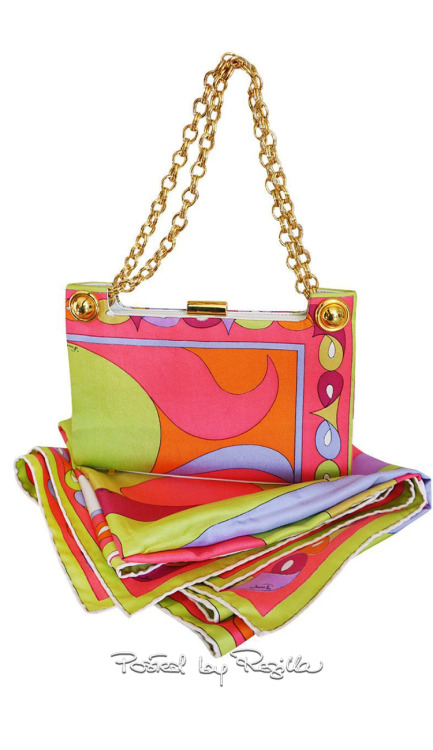 Regilla ⚜ 1960s Emilio Pucci Bright Pink Colorful Printed Bag & Matching Silk Scarf