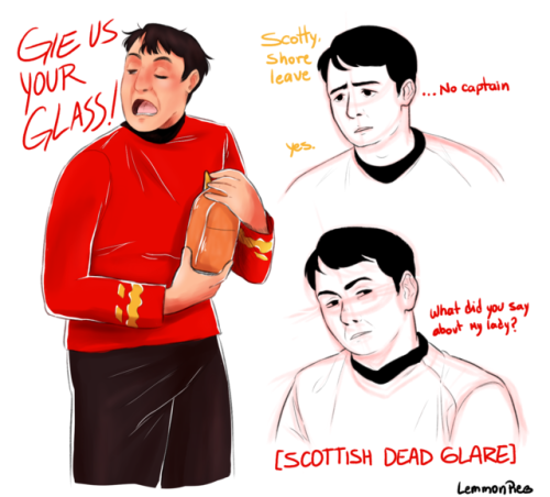 thali-lemonpie:I love the love that scotty has for whiskey and the Enterprise ❤︎
