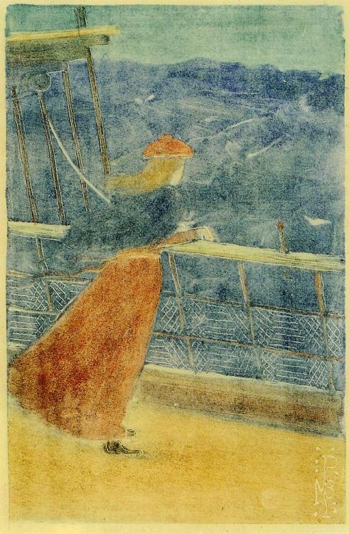 maurice-prendergast:Woman on Ship Deck, Looking out to Sea (also known as Girl at Ship s Rail), 1895, Maurice Prendergasthttps://www.wikiart.org/en/maurice-prendergast/woman-on-ship-deck-looking-out-to-sea-also-known-as-girl-at-ship-s-rail