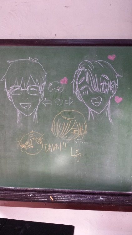 viktuuri-pork:  My friends at the cosplay cafe asked me to help decorate the blackboard 😂😂 gotchu fam