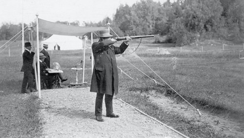 Oscar Swahn aims at a target during the single-shot running deer atthe London Olympics (July 9th, 19