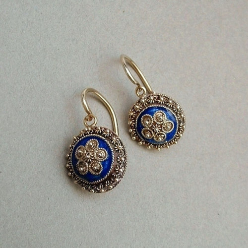Antique VICTORIAN Earrings ETRUSCAN Gold Gilt STERLING Silver Cannetille Filigree Blue Enamel c.1880