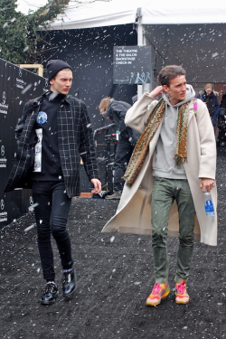 streetsofvogue:  damplaundry:  Dominik Hahn and Dzhovani Gospodinov at NYFW F/W 2015 by Andrew Villagomez  streetstyle :)