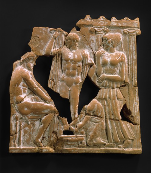 hildegardavon:Eurykleia washing Odysseus’s feet Terracotta plaque, ca. 450 B.C., Classical, Greek, M