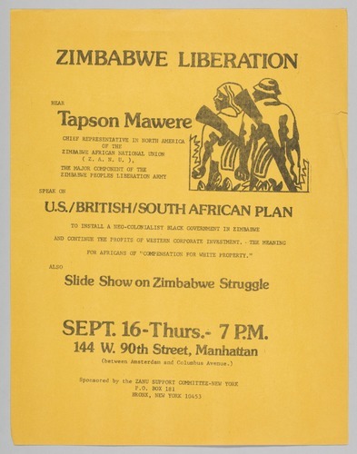 Flyer advertising a talk by Tapson Mawere, September 16, 1976, Smithsonian: National Museum of Afric