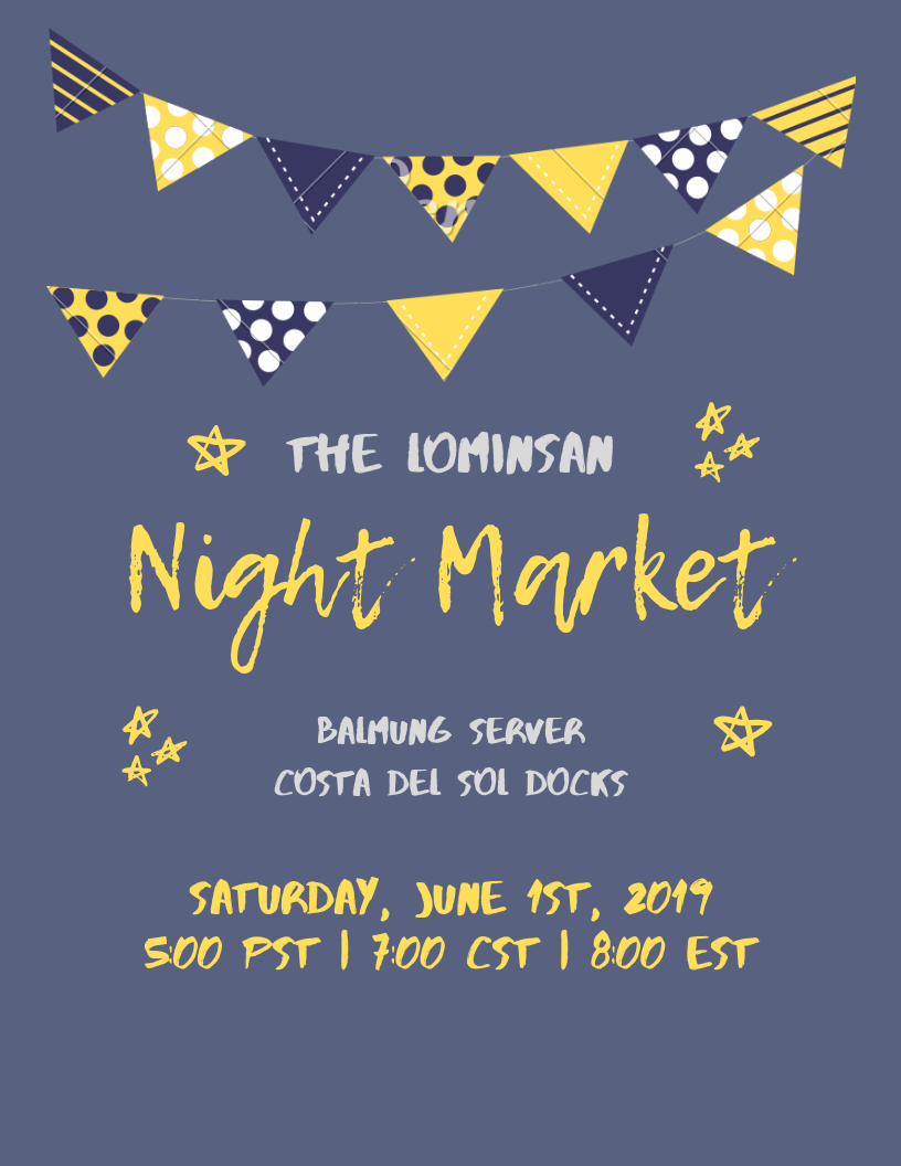 The next Lominsan Night Market will be coming up on Saturday, June 1st! If you’re interested in participating as a vendor please check out the event discord for more information: https://discord.gg/sNKUuNd