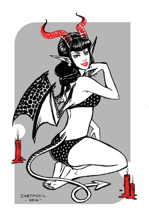 sabtastique:  Day 20 of #Inktober!  Drew a vintage style pinup succubus in a polkadot bikini. 