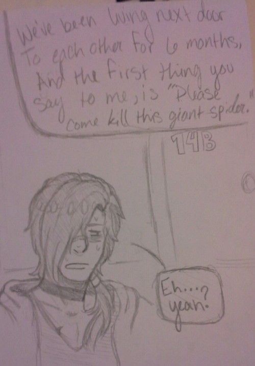 frenchfrydraws:  Kounoi “We live next door to each other and I know we’ve never talked before but could you please come kill the spider in my bathroom. ” au :‘3 Koujaku might be big and bad but he’s got terrible arachniphobia.