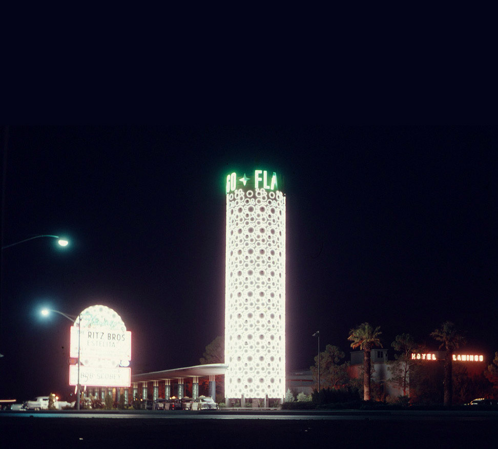 At the Riviera, Las Vegas, October 1963. On the board: Harry Belafonte,  Shecky Green. Billboard for Horseshoe hotel & casino across the street  where Circus Circus was built in the late 60s.