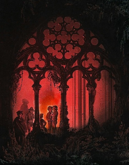 aqua-regia009:Five men standing inside the ruins of a Gothic church, at night (ca.1800) by Unknown a