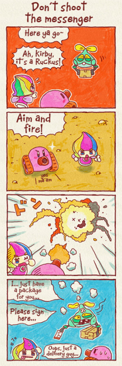 professorbel:  more kirby comics from the japanese nintendo news! Again, not sure on english names for the new characters yet so the names are all my approximations based on the Japanese names. I think “ruckus” is the name of the enemy, but I’m