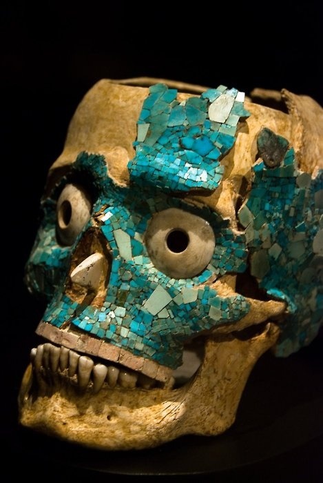 Human skulls decorated with a polychromic mosaics. 1. Aztec mosaic mask of Tezcatlipoca2. Aztec mosa