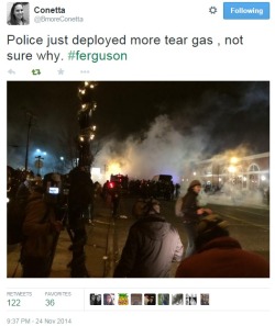 iwriteaboutfeminism:  Lots of action going on in Ferguson tonight, following the announcement of “no indictment” from the grand jury. Monday, November 24th