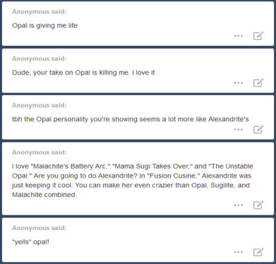 Anon answers under the cut! If you asked me an anonymous question between Thursday and now, the answer is likely right here.Let’s start with Malachite Sadness Corner Pt. 2Okay, I have a few points for y’all:There’s no need to be sad about Malachite