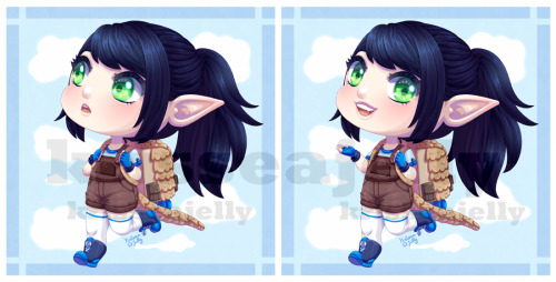 A reactive chibi png featuring a character with navy hair in a ponytail and green eyes. They have pointed elf ears and are wearing adventurer overall-shorts with thigh highs and blue boots. They have a pangolin backpack and pangolin tail.