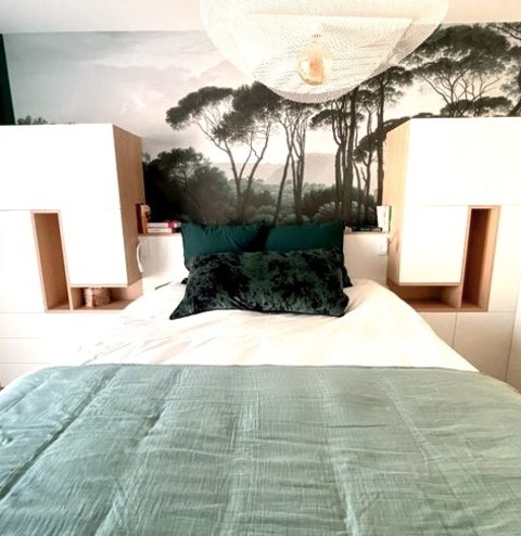 Wallpaper In BordeauxBedroom - Mid-sized Contemporary Master Ceramic Tile, Beige Floor And Wallpaper