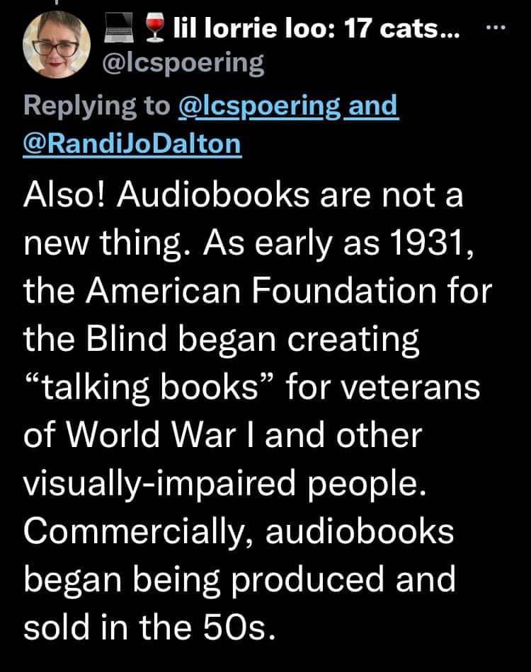 ayellowbirds:moniquill:Image description: a series of tweets from Randi Jo Dalton, reading,“As a Mohawk librarian, when I defend audiobooks, it’s personal. My people were telling stories orally long before stories came packaged in book form. There