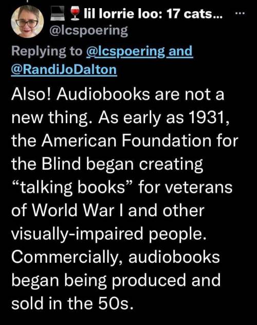 ayellowbirds:moniquill:Image description: a series of tweets from Randi Jo Dalton, reading,“As a Mohawk librarian, when I defend audiobooks, it’s personal. My people were telling stories orally long before stories came packaged in book form. There