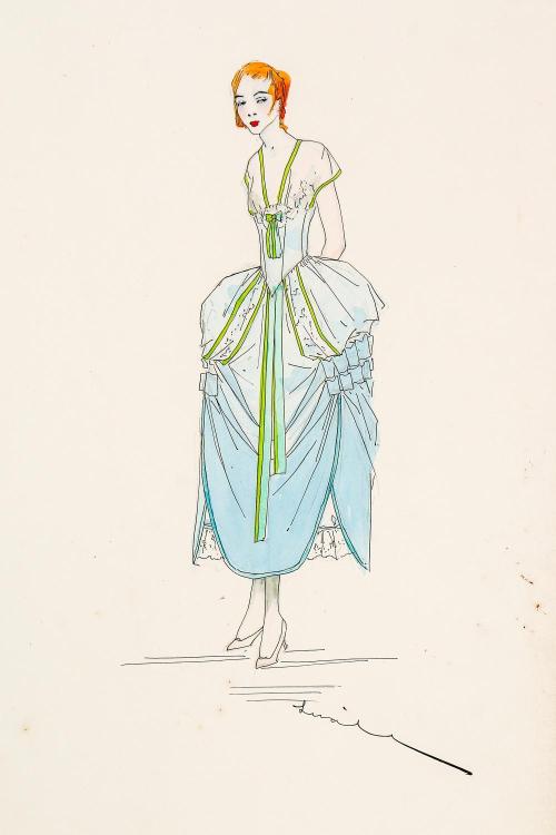 the1920sinpictures:1915-17 Lucile designed blue robe de style (panniered) evening dress with strikin