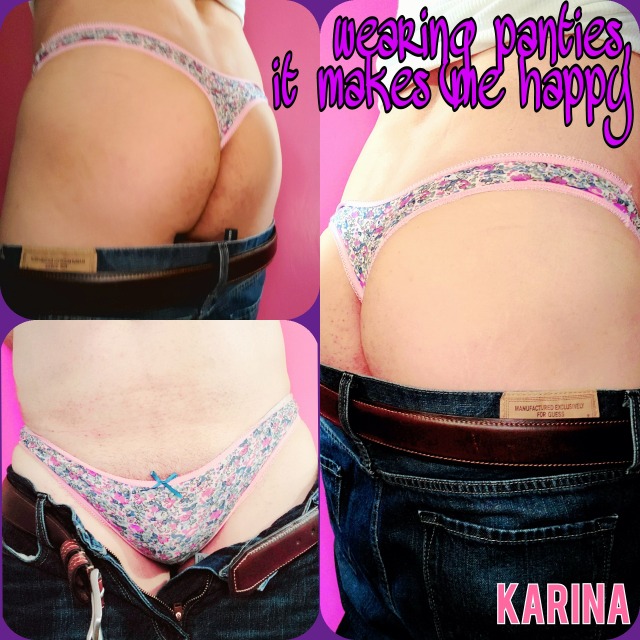 keepitinacage:rhonda122169:karina-67:REBLOG If you love wearing cute panties underneath your male clothesNice nipple jewellery too.