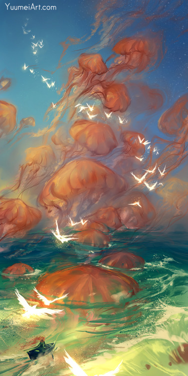 trans-axolotl:

yuumei-art:



Drifting Dreams~Sometimes I just want to float away~


Image description: [a painting of a fantasy nautical scene. There is someone in a small rowboat floating in the water, which is darker in the background but almost seems to be glowing around the boat. Giant peach colored jellyfish much larger than the person are floating out from the water and into the sky, where they mingle with bright white birds. The whole picture is very dreamlike and ethereal.] 