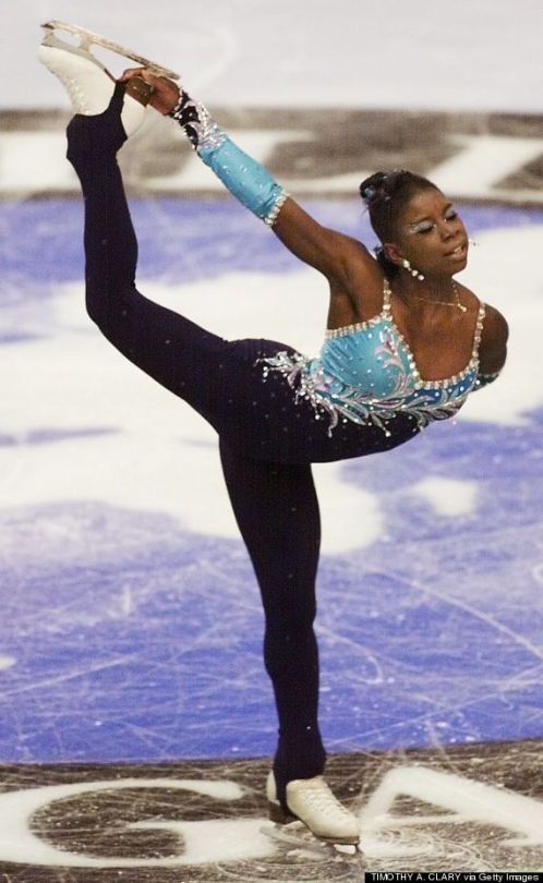 rejectedprincesses:  Surya Bonaly is the only female figure skater in history to do a backflip (a thoroughly illegal and dangerous move) – and in so doing, pioneered a move called a “Bonaly,” where one does a split in midair and lands on one foot.